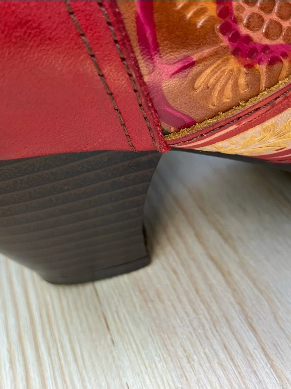 Women's Floral Embossed Red & Brown Lace-Up Ankle Booties size US 7.5-8